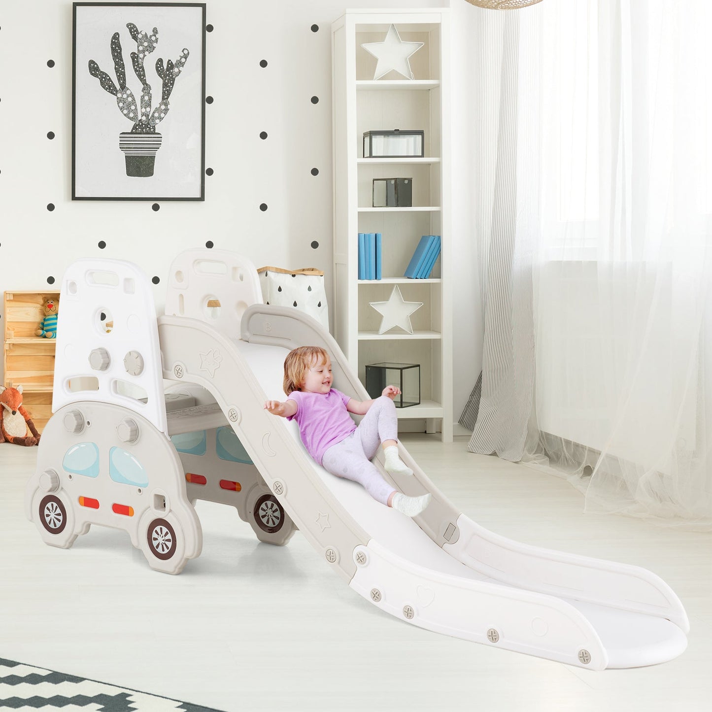 5 in 1 Convertible Toddler Slide Set Kids Art Easel with Stool and Book Rack