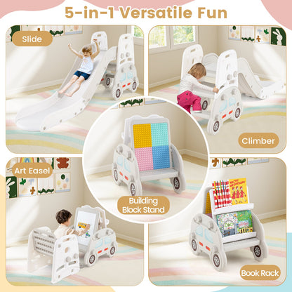 5 in 1 Convertible Toddler Slide Set Kids Art Easel with Stool and Book Rack