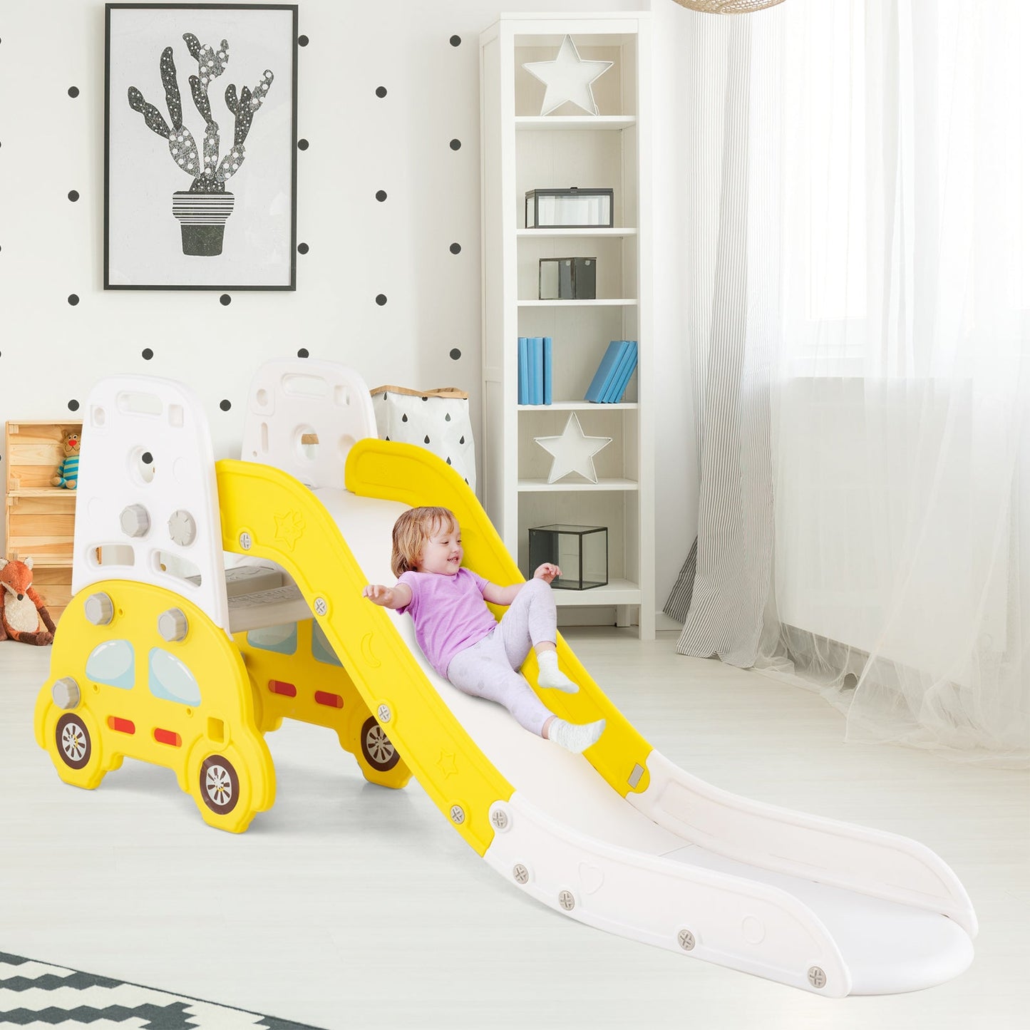 5 in 1 Convertible Toddler Slide Set Kids Art Easel with Stool and Book Rack