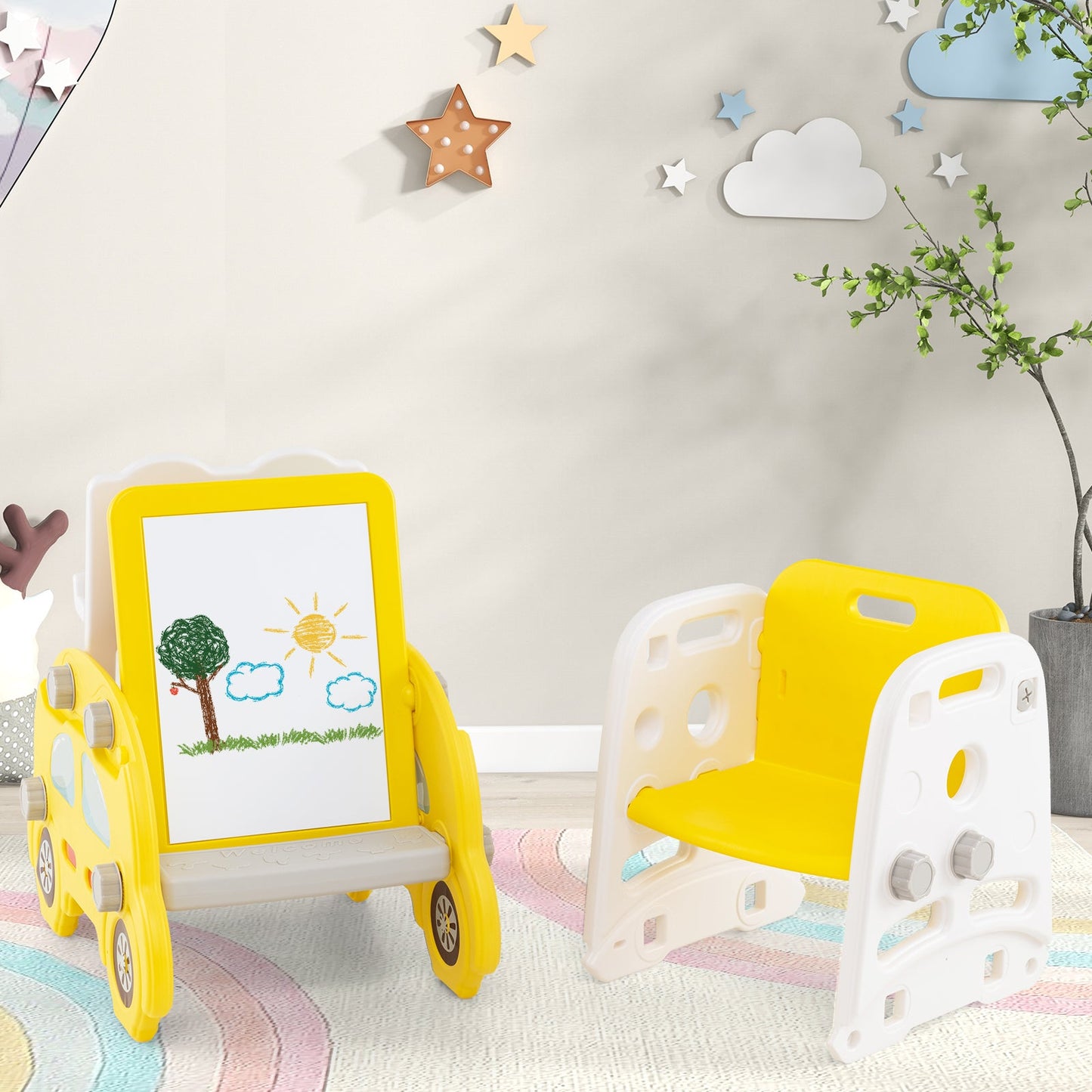 5 in 1 Convertible Toddler Slide Set Kids Art Easel with Stool and Book Rack