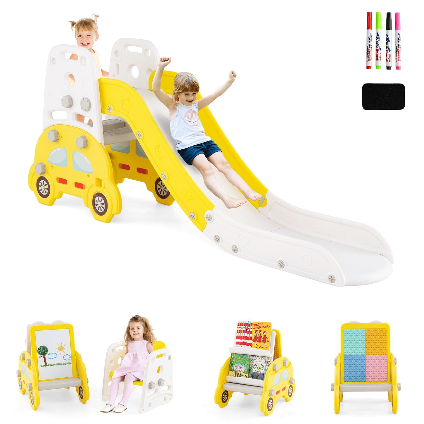 5 in 1 Convertible Toddler Slide Set Kids Art Easel with Stool and Book Rack
