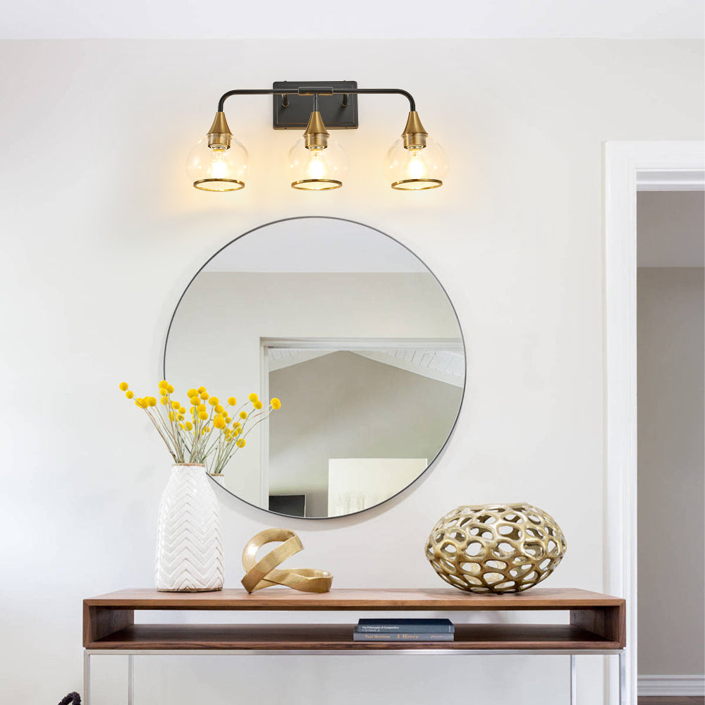 Black & Gold Vanity Wall Sconce | 3/4-Light Industrial Bathroom Fixture with Clear Glass Shades for Mirror & Living Spaces