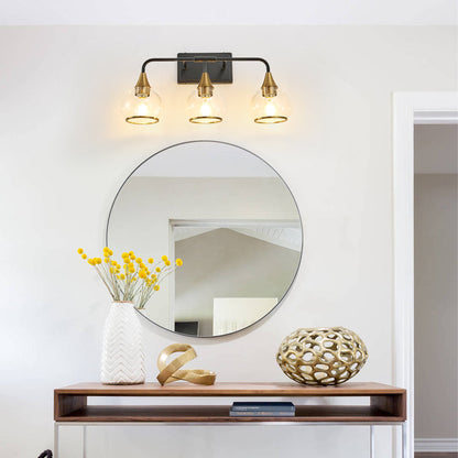 Black & Gold Vanity Wall Sconce | 3/4-Light Industrial Bathroom Fixture with Clear Glass Shades for Mirror & Living Spaces