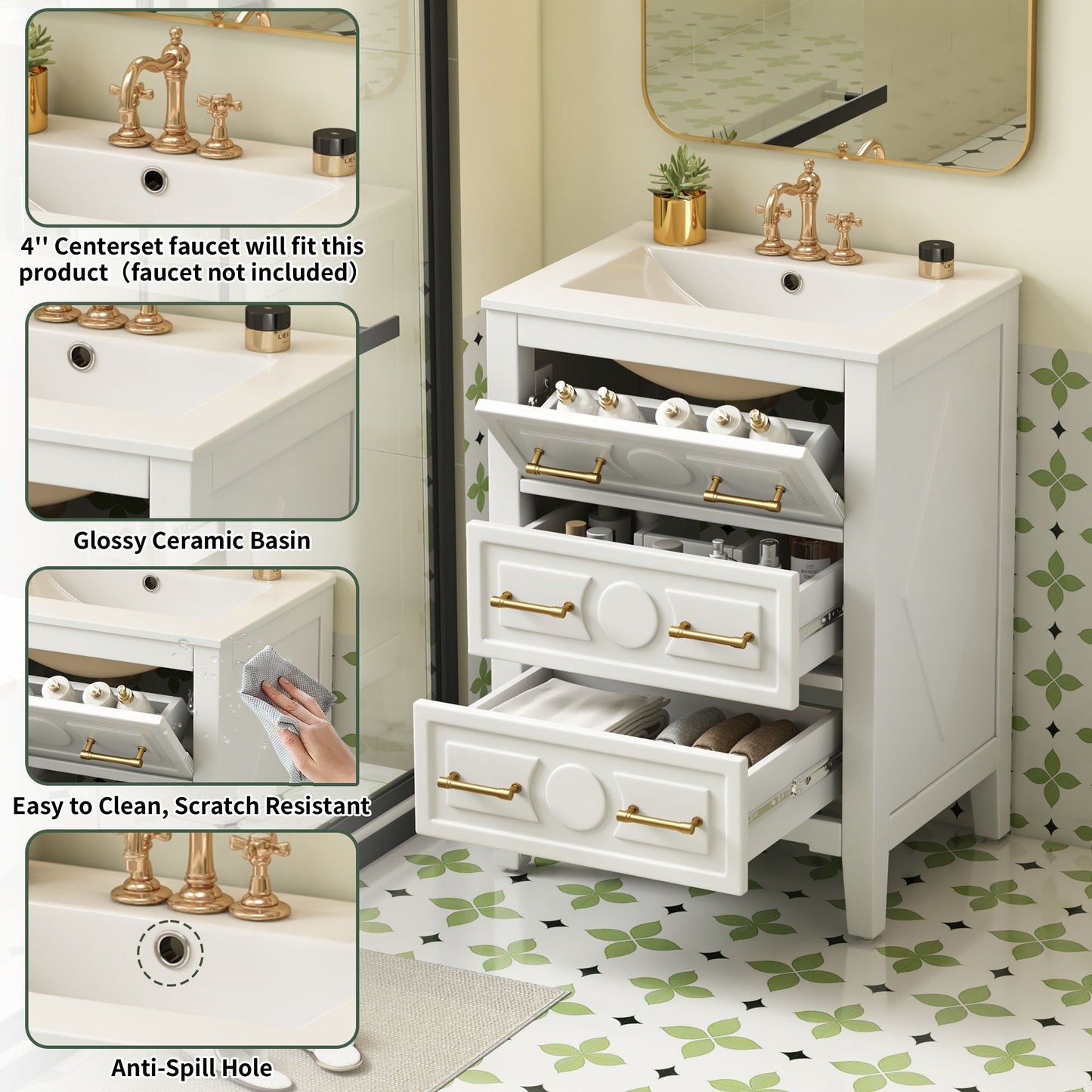 Bathroom Vanity With Sink, Free Standing Single Set, 3 Drawer Storage Cabinet