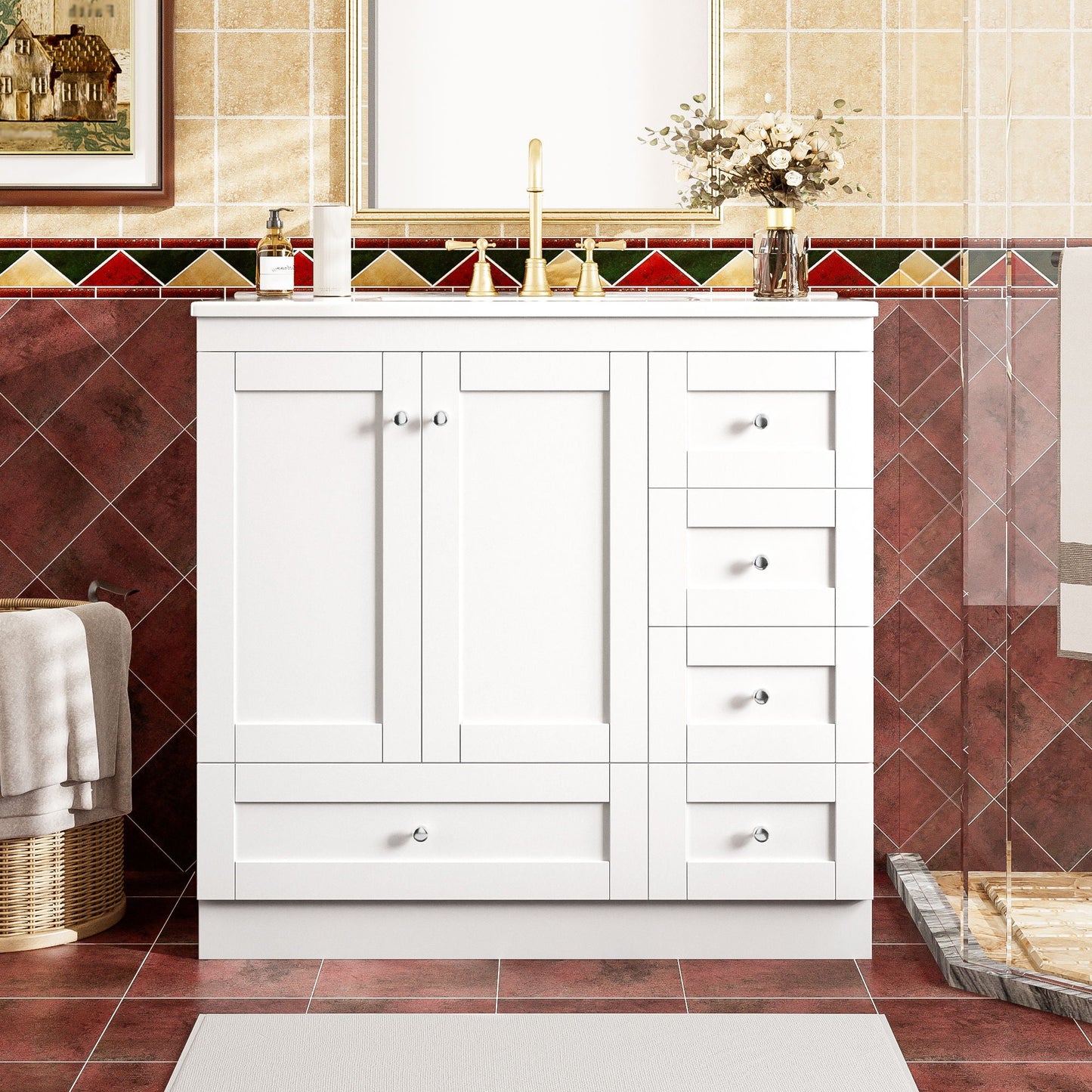 Shaker Free Standing Bathroom Vanity Cabinet & Sink, Soft Close Drawers, Soft Close Doors