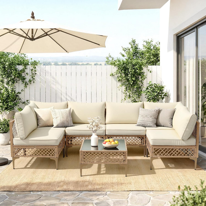 Ainfox 7 Pieces Outdoor Wicker Modular Patio Sectional Set with Thick Cushions & Tempered Glass Table