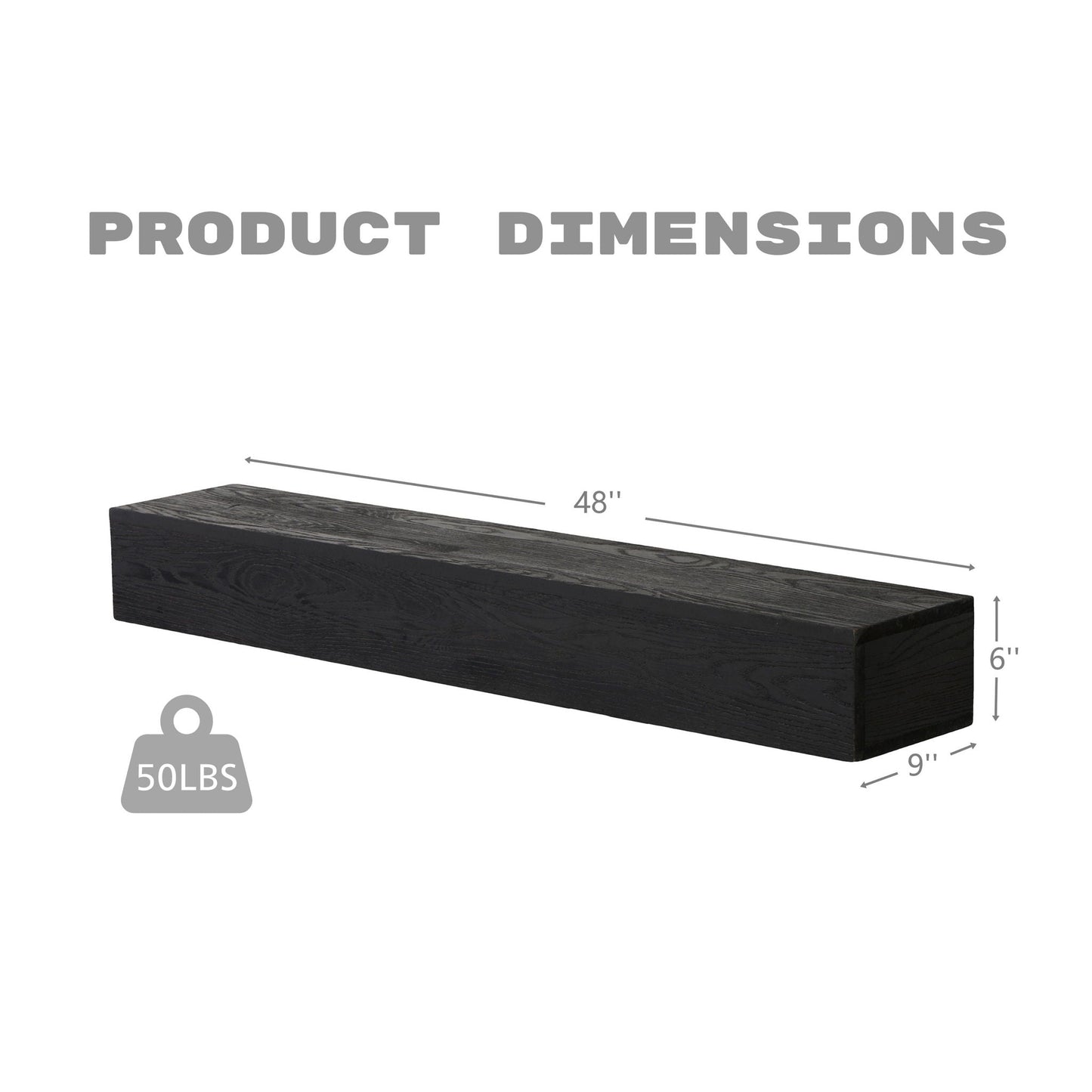 48'' Embossed Fireplace Mante, Wall Mounted Floating Shelf - Black