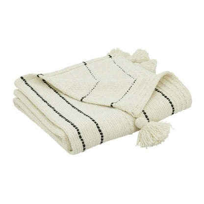 Fennco Styles Stripe Cotton Throw Blanket with Chunky Tassel 50" W x 60" L - Ivory Woven Blanket for Couch, Bedroom, Living Room and Office Décor