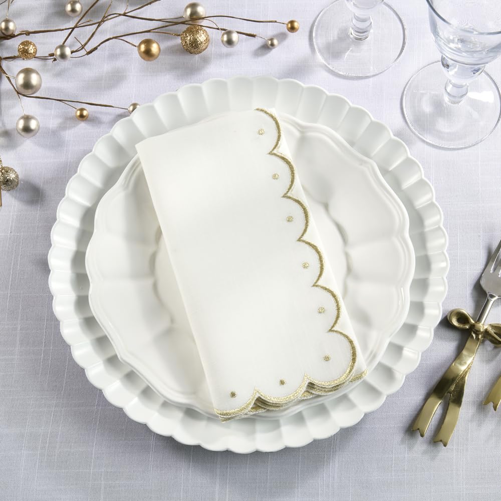 Fennco Styles Silver Embroidered Scalloped Cloth Napkins 20"x20", Set of 4 - Elegant Dinner Napkins for Holiday Dining, Weddings & Everyday Use
