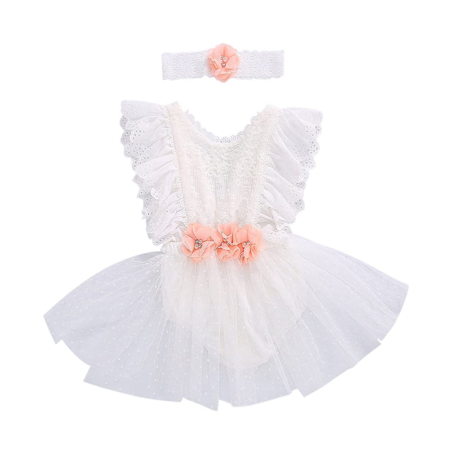 stylesilove Baby Girls Elegant White Lace Eyelet Flower Tulle Romper & Headband 2pcs Flower Girl Tutu Dress Outfit