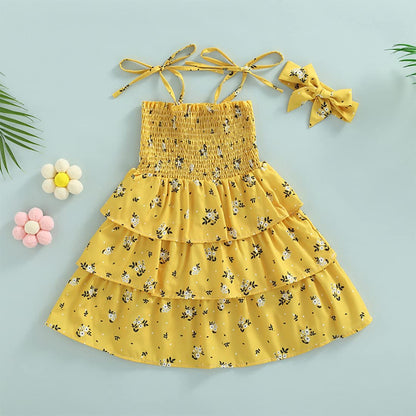 stylesilove Baby Toddler Girls Floral Print Smocked Tiered Sleeveless Dress & Headband 2pcs Summer Ruffle Sundress Outfit