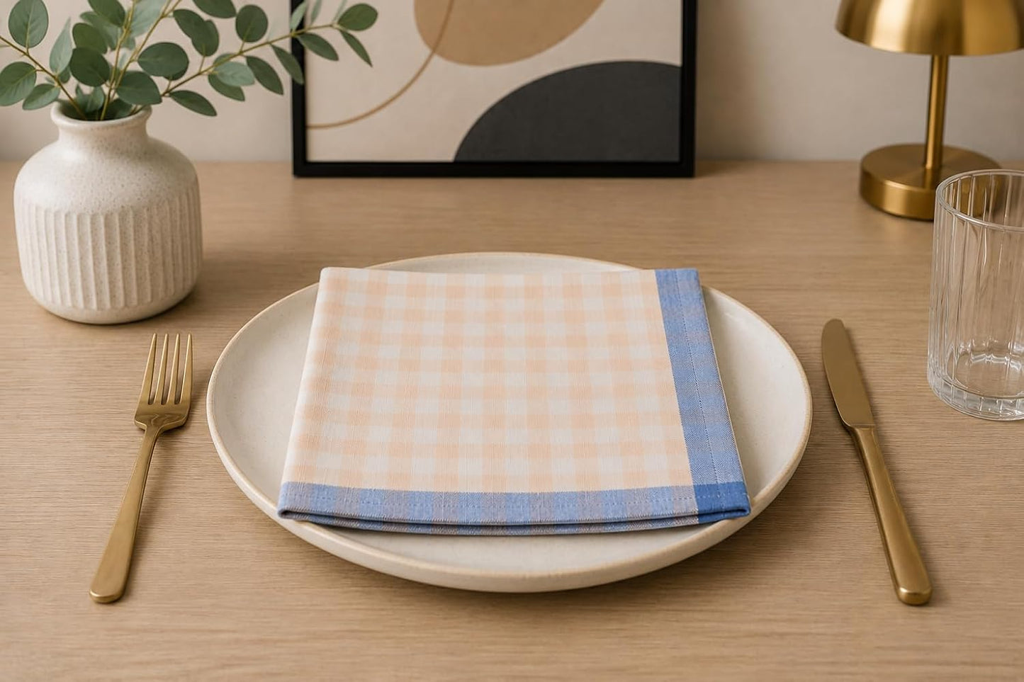 Fennco Styles Farmhouse Gingham Cloth Napkins 20"x20", Set of 4 - Soft Plaid Dinner Napkins with Blue Border for Everyday Dining, Spring Table Décor, Kitchen & Holiday Gatherings