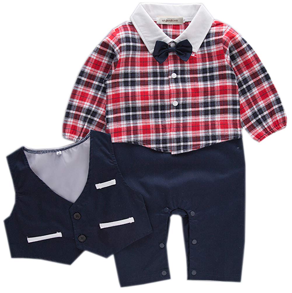 stylesilove Toddler Boys Long Sleeve Bow-tie Tuxedo Romper with Vest 2 Pcs Autumn Winter Formal Outfit