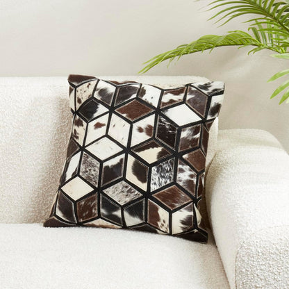 Fennco Styles Diamond Patchwork Hair On Leather Decorative Throw Pillow Cover 16" W x 16" L - Black & White Cushion Case for Home, Couch, Bedroom, Living Room and Office Décor