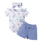stylesilove Infant Baby Girls Floral Print Short Sleeve Bodysuit & Shorts & Headband 3pcs Set Spring Summer Romper Outfit