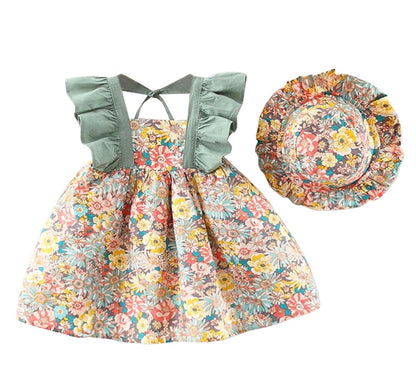 stylesilove Baby Toddler Girls Multi Floral Printed Sleeveless Ruffle Cotton Dress & Hat 2pcs Spring Summer Green Sundress