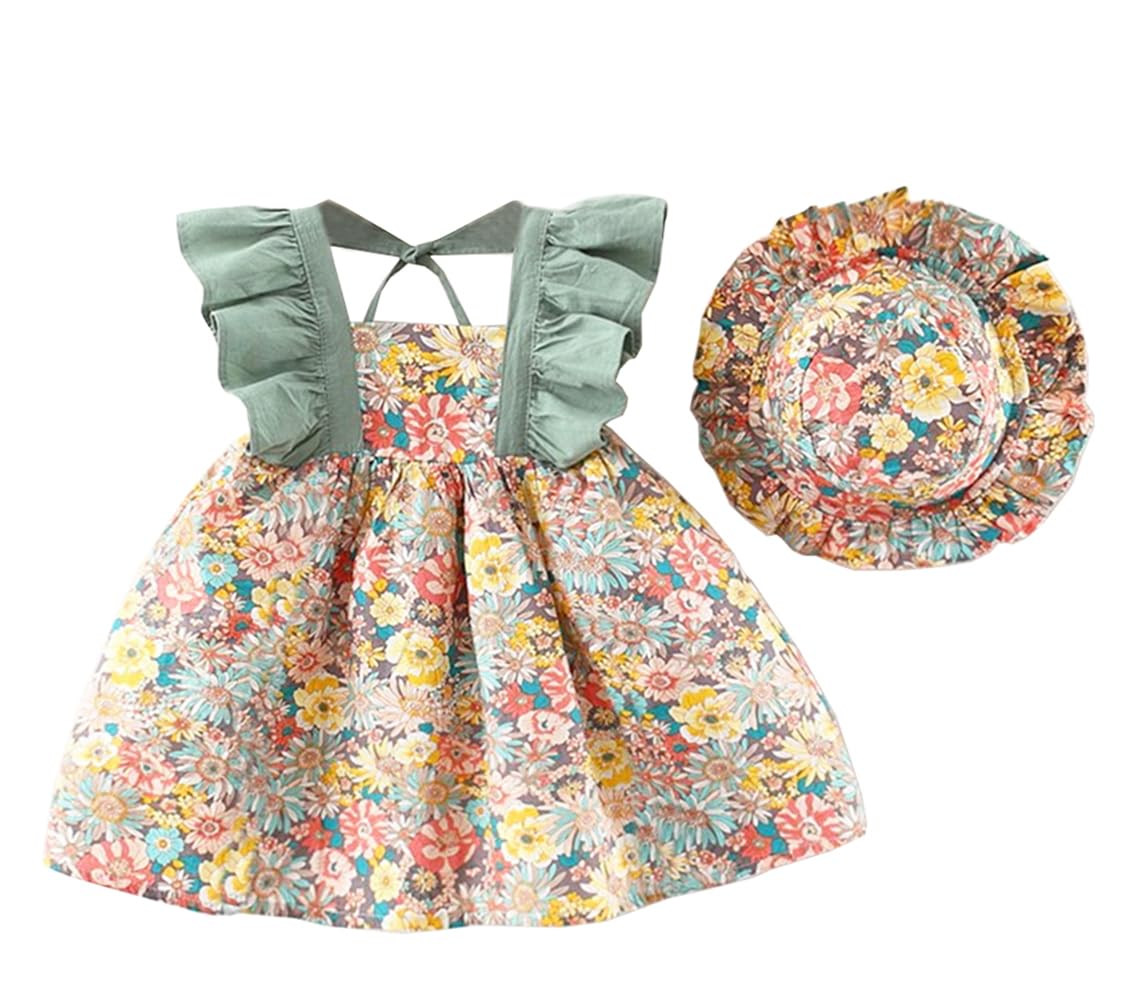 stylesilove Baby Toddler Girls Multi Floral Printed Sleeveless Ruffle Cotton Dress & Hat 2pcs Spring Summer Green Sundress