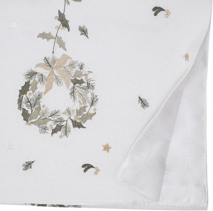 Fennco Styles Embroidered Wreath Christmas Table Runner 16" X 70" - White Festive Table Cover for Winter Holidays Décor, Dining Table, Banquet, Family Gathering, and Special Occasions