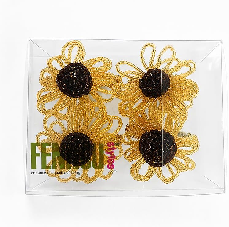 Fennco Styles Beaded Sunflower Napkin Rings, Set of 4 - Handmade Gold Floral Napkin Holders for Fall Dining Décor, Thanksgiving, Harvest Parties & Everyday Entertaining