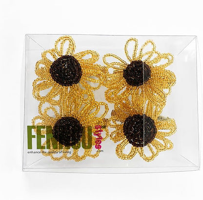 Fennco Styles Beaded Sunflower Napkin Rings, Set of 4 - Handmade Gold Floral Napkin Holders for Fall Dining Décor, Thanksgiving, Harvest Parties & Everyday Entertaining