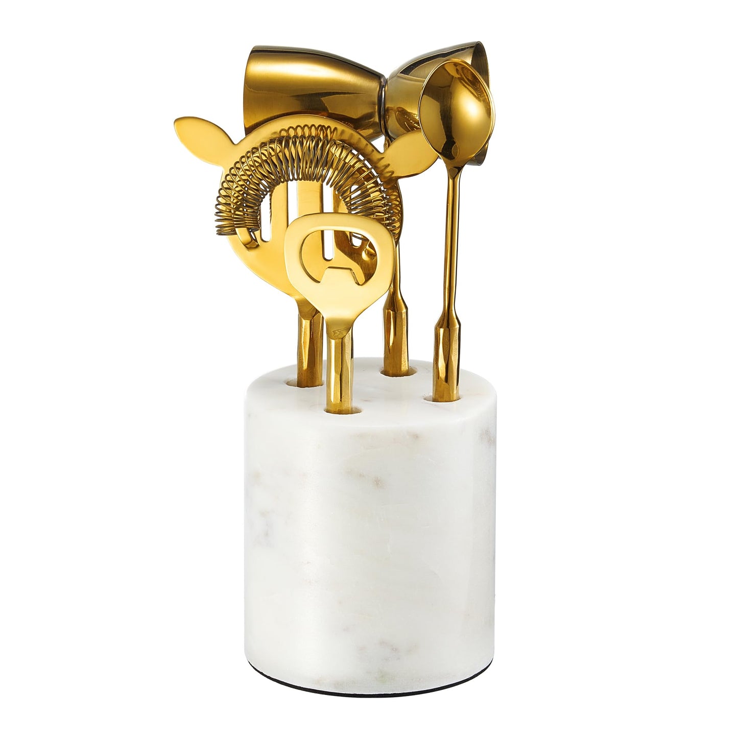 Gold Marble Cocktail Bar Tool Set, 5 Piece 9.06 x 3.75 Inch White Stone Holder Stainless Steel