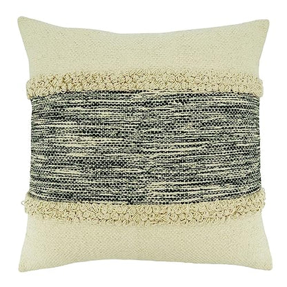 Fennco Styles Stripe Chindi Design Cotton Decorative Throw Pillow 20" W X 20" L – Black & Natural Textured Cushion for Couch, Sofa, Bedroom, Office and Living Room Décor