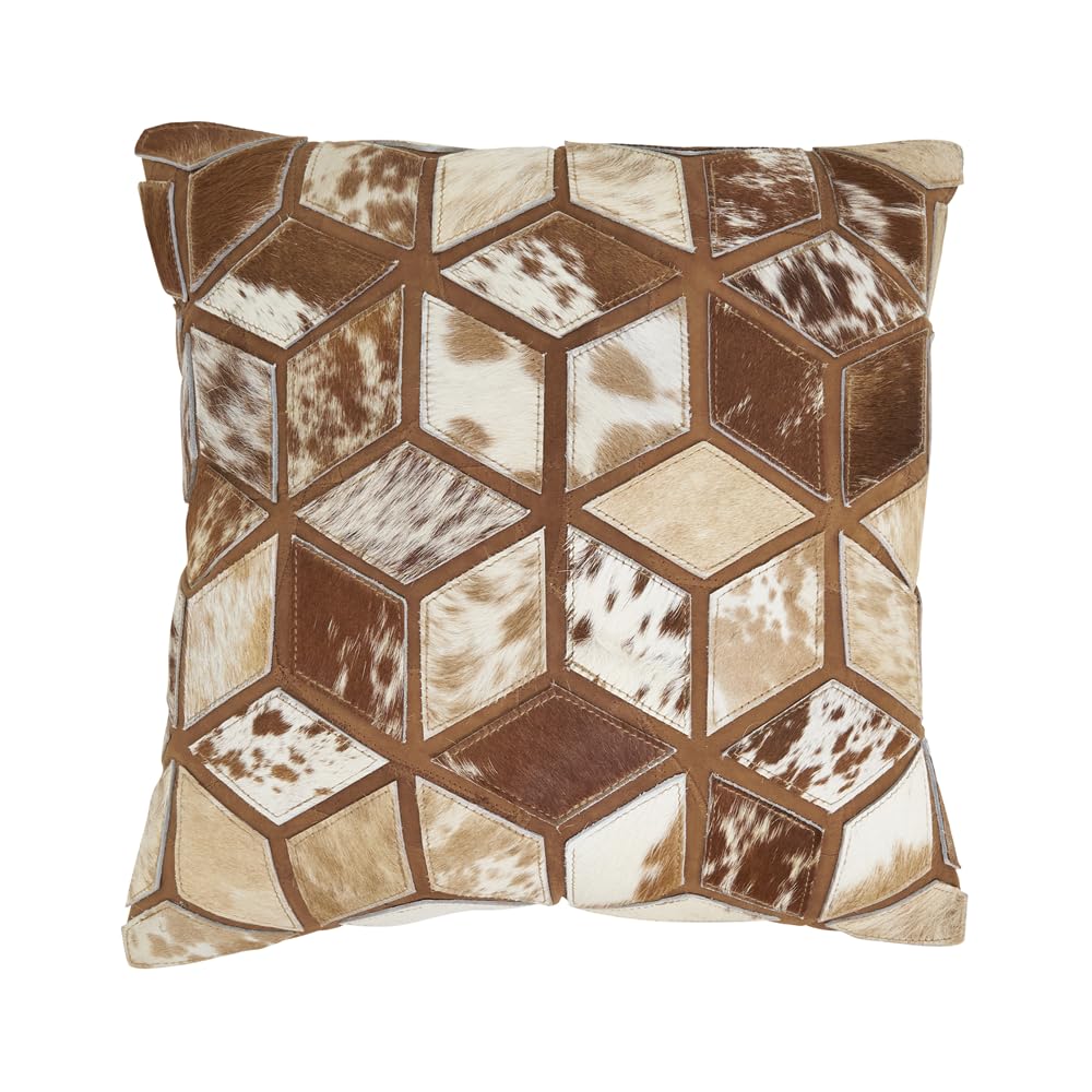 Fennco Styles Diamond Patchwork Hair On Leather Decorative Throw Pillow Cover 16" W x 16" L - Black & White Cushion Case for Home, Couch, Bedroom, Living Room and Office Décor