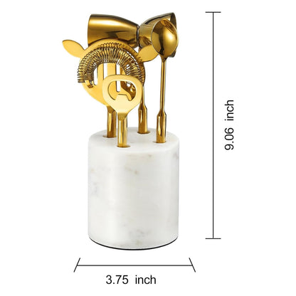 Gold Marble Cocktail Bar Tool Set, 5 Piece 9.06 x 3.75 Inch White Stone Holder Stainless Steel