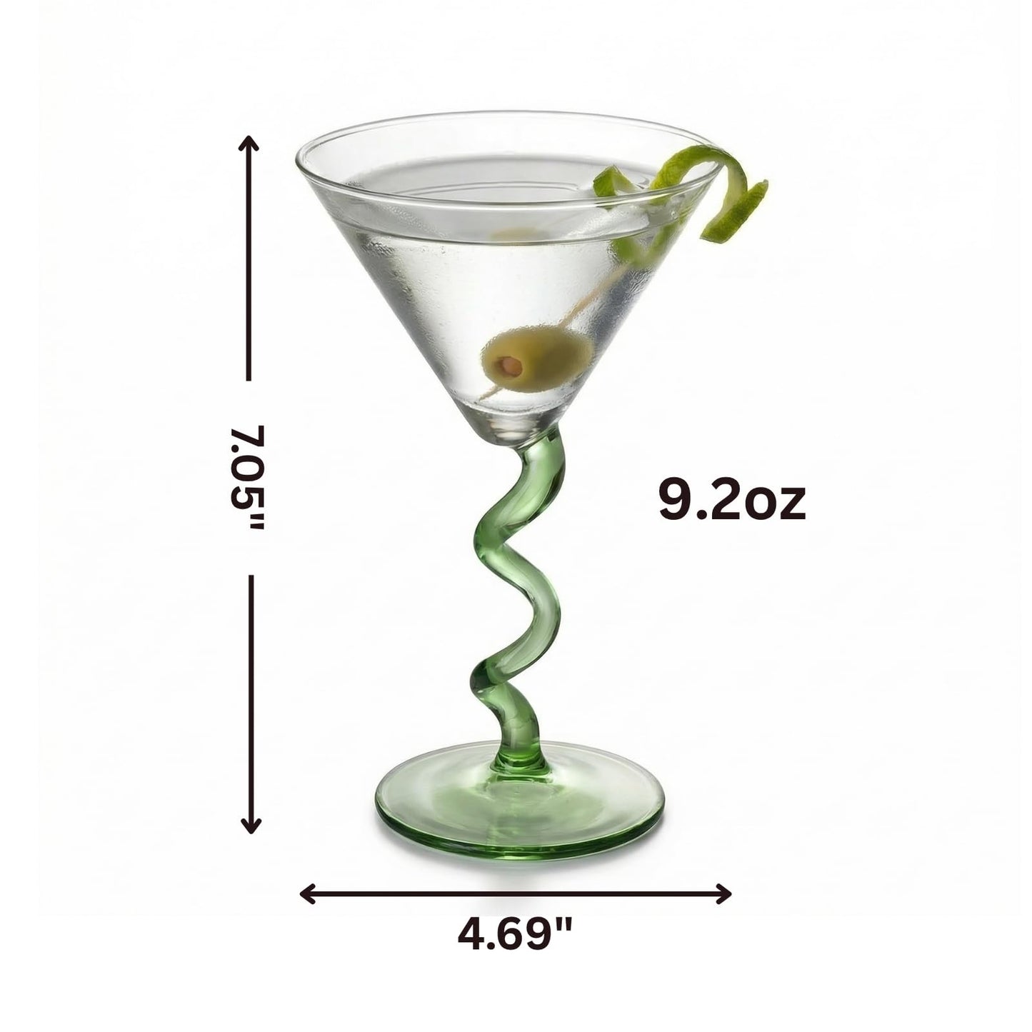 Spiral Stem Martini Glasses Set of 2, 9.2oz 7.05" Green