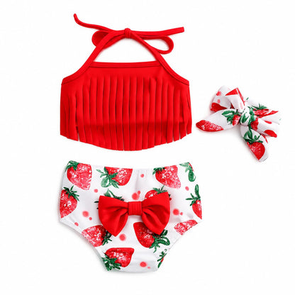 Stylesilove Toddler Girls Strawberry Bikini Swimsuit Set with Headband 3 Piece Swimwear