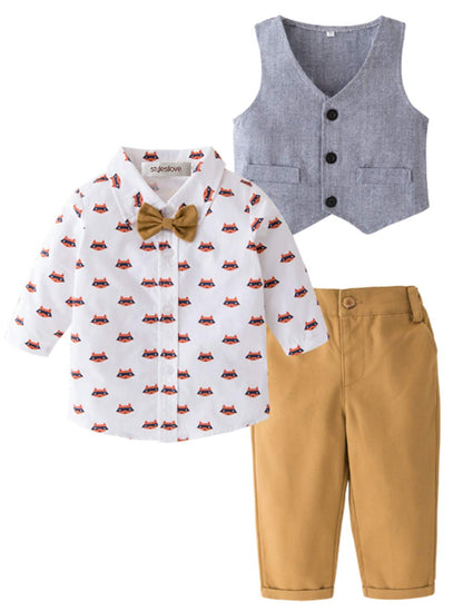 stylesilove Little Boy Foxy Design Clothing Suit, All over Fox Print Shirt, Vest Coat and Pants 3pcs Outfit