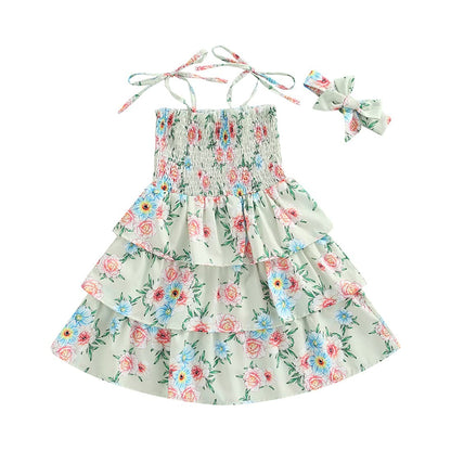 stylesilove Baby Toddler Girls Floral Print Smocked Tiered Sleeveless Dress & Headband 2pcs Summer Ruffle Sundress Outfit