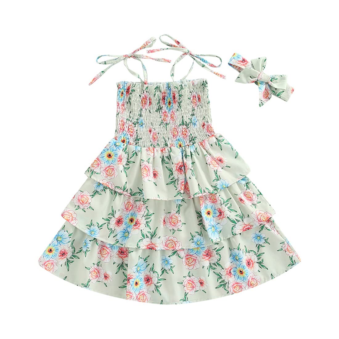 stylesilove Baby Toddler Girls Floral Print Smocked Tiered Sleeveless Dress & Headband 2pcs Summer Ruffle Sundress Outfit