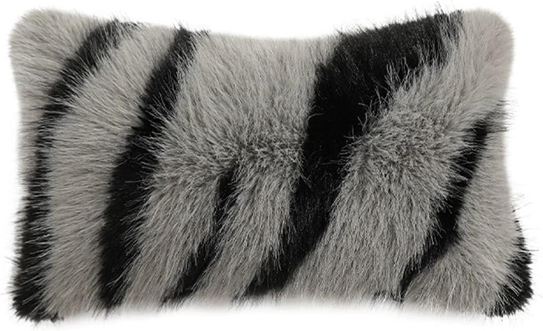 Fennco Styles Zebra Stripe Faux Fur Animal Design Decorative Throw Pillow Cover 18" W x 18" L – Grey Plush Cushion Case for Couch, Bedroom, Living Room and Office Décor