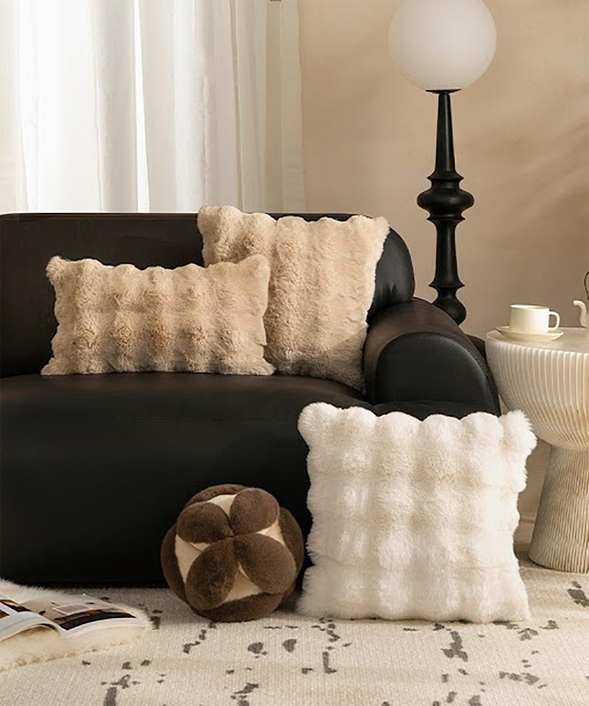 Fennco Styles Luxury Faux Fur Decorative Throw Pillow Cover 18" W X 18" L – Ivory Plush Fluffy Cushion Case for Couch, Bedroom, Living Room and Office Décor