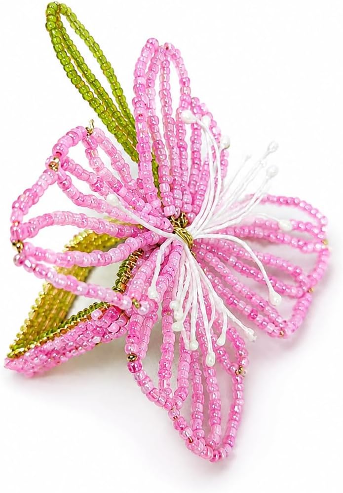 Fennco Styles Pink Beaded Flower Napkin Rings Set of 4, Handmade Floral Napkin Holders for Easter, Garden Parties, Bridal Showers, Weddings, and Everyday Entertaining