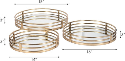 Set of 3 Round Mirrored Trays, Gold Metal Frame Decorative Serving & Vanity Trays, 14" 16" 18", Glam Home Decor