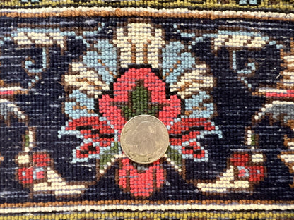 Persian Qum Rug 3x5, Wool with Silk Highlights, Handmade Semi Antique Carpet, Ivory & Navy Blue, Floral Medallion, Finely Hand Knotted