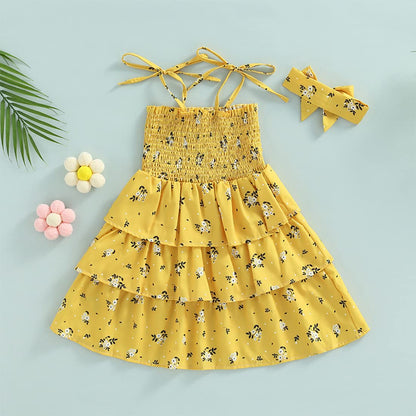 stylesilove Baby Toddler Girls Floral Print Smocked Tiered Sleeveless Dress & Headband 2pcs Summer Ruffle Sundress Outfit