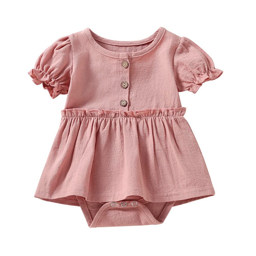 stylesilove Infant Baby Girls Solid Button Front Ruffle Short Sleeve Cotton Romper Dress Spring Summer Dressy Outfit
