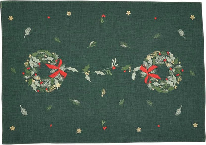 Fennco Styles Embroidered Wreath Christmas Placemats 14" X 20", Set of 4 - Green Festive Table Mats for Winter Holidays Décor, Banquet, Family Gathering, and Special Occasions