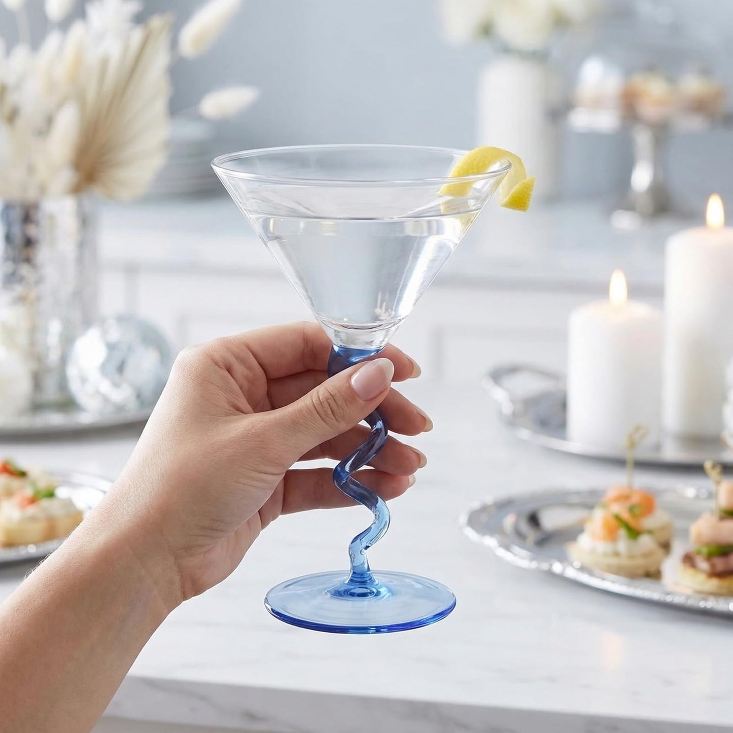 Spiral Stem Martini Glasses Set of 2, 9.2oz 7.05" Blue