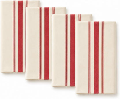 Fennco Styles Beige Cotton Cloth Napkins with Red Striped Design 20" X 20", Set of 4 - Farmhouse Reusable Dinner Napkins for Everyday Dining, Kitchen, Holiday & Rustic Table Décor