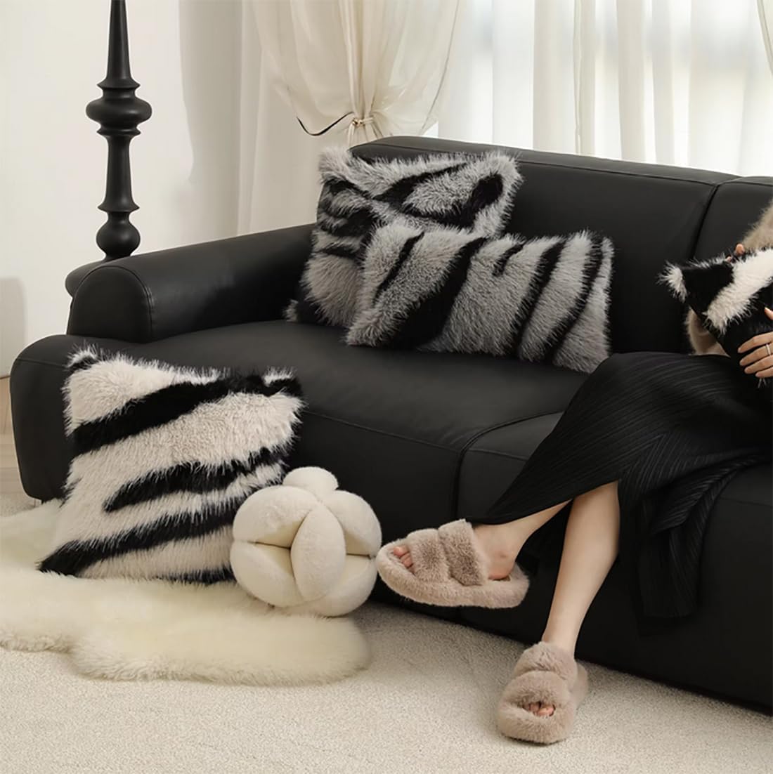 Fennco Styles Zebra Stripe Faux Fur Animal Design Decorative Throw Pillow Cover 18" W x 18" L – Grey Plush Cushion Case for Couch, Bedroom, Living Room and Office Décor
