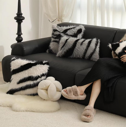 Fennco Styles Zebra Stripe Faux Fur Animal Design Decorative Throw Pillow Cover 18" W x 18" L – Grey Plush Cushion Case for Couch, Bedroom, Living Room and Office Décor