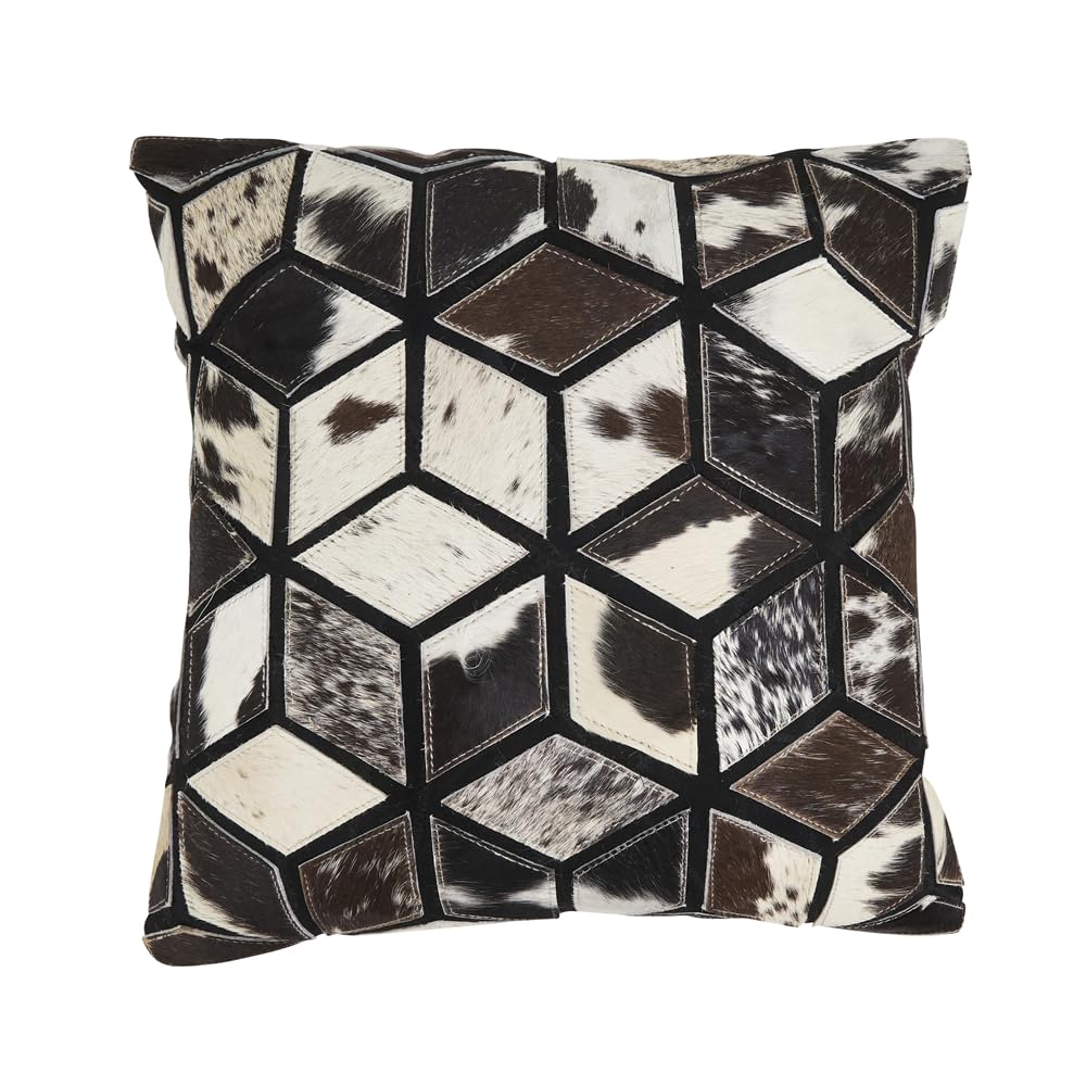 Fennco Styles Diamond Patchwork Hair On Leather Decorative Throw Pillow Cover 16" W x 16" L - Black & White Cushion Case for Home, Couch, Bedroom, Living Room and Office Décor
