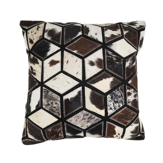Fennco Styles Diamond Patchwork Hair On Leather Decorative Throw Pillow Cover 16" W x 16" L - Black & White Cushion Case for Home, Couch, Bedroom, Living Room and Office Décor