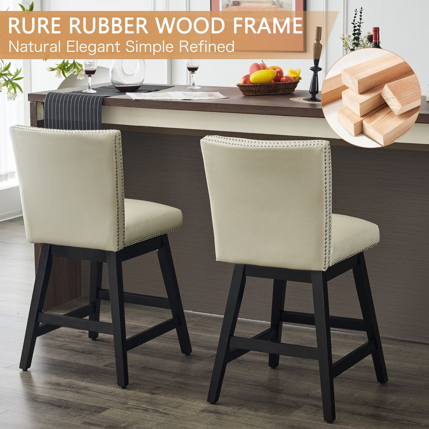 Upholstered Swivel Bar Stools High Back (Set of 2) - Cream White