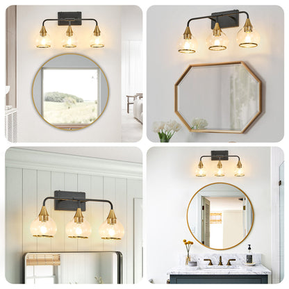 Black & Gold Vanity Wall Sconce | 3/4-Light Industrial Bathroom Fixture with Clear Glass Shades for Mirror & Living Spaces