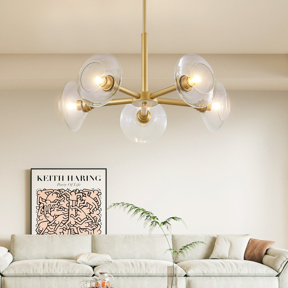 Gold Sputnik Chandelier | Mid-Century Modern Pendant Light with Clear Glass Shades for Dining Room, Living Room & Kitchen